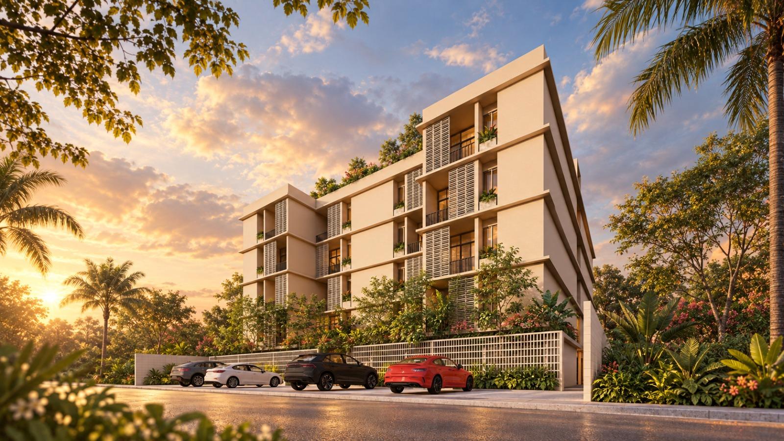 Fachada de KOOP Huayacan, arquitectura de Juan Carral al atardecer